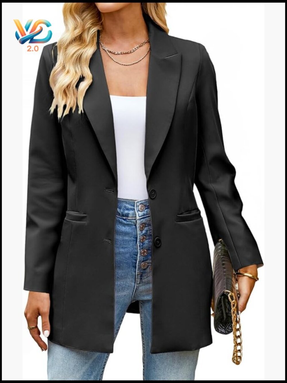 Long Blazer Jacket Business Casual Office Professional Lapel Pockets
